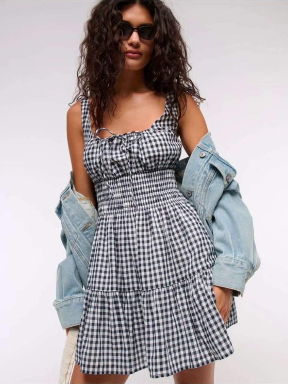 Abercrombie & Fitch Black and White Gingham Smocked Tie-Front Mini Dress